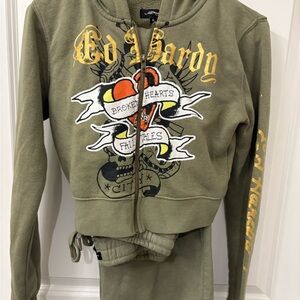 Ed Hardy Olive Green Cropped Hoodie Set